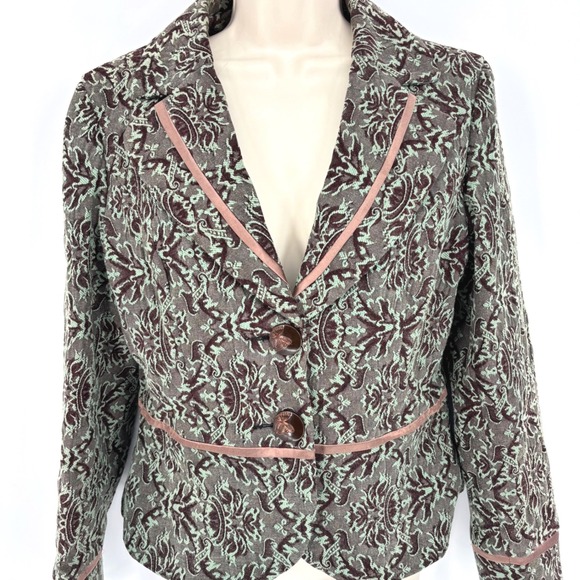 Young Essence Jackets & Blazers - Anthropologie Young Essence Jacquard Embroidered 2-Button Blazer Green Sz M